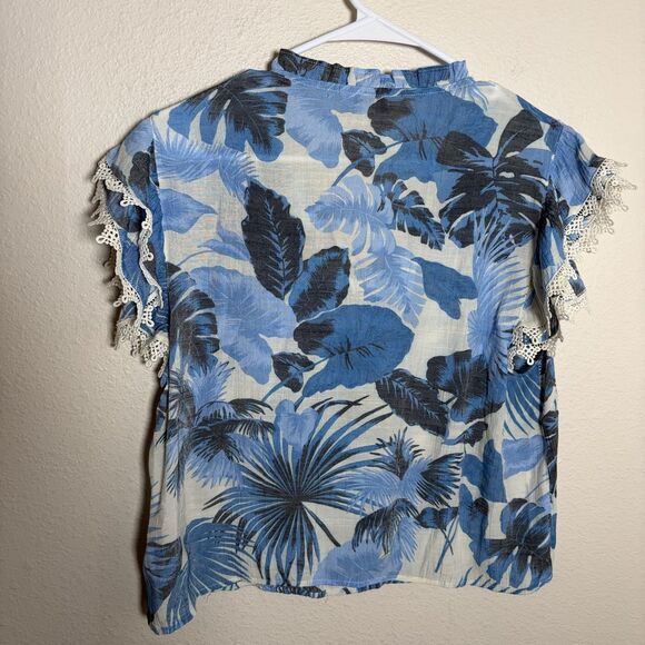 Nanette Lepore Blouse Women's Large Blue V-Neck Ruffle Lace Sheer Vacation Top - Picture 4 of 8